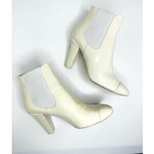 Chanel Ecru Patent Calfskin Cap Toe Ankle Classic CC Logo Designer Booties EU 38